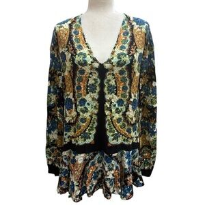Free People Lovely Dreams Printed Boho Long Tunic Blouse Size Small V-Neck